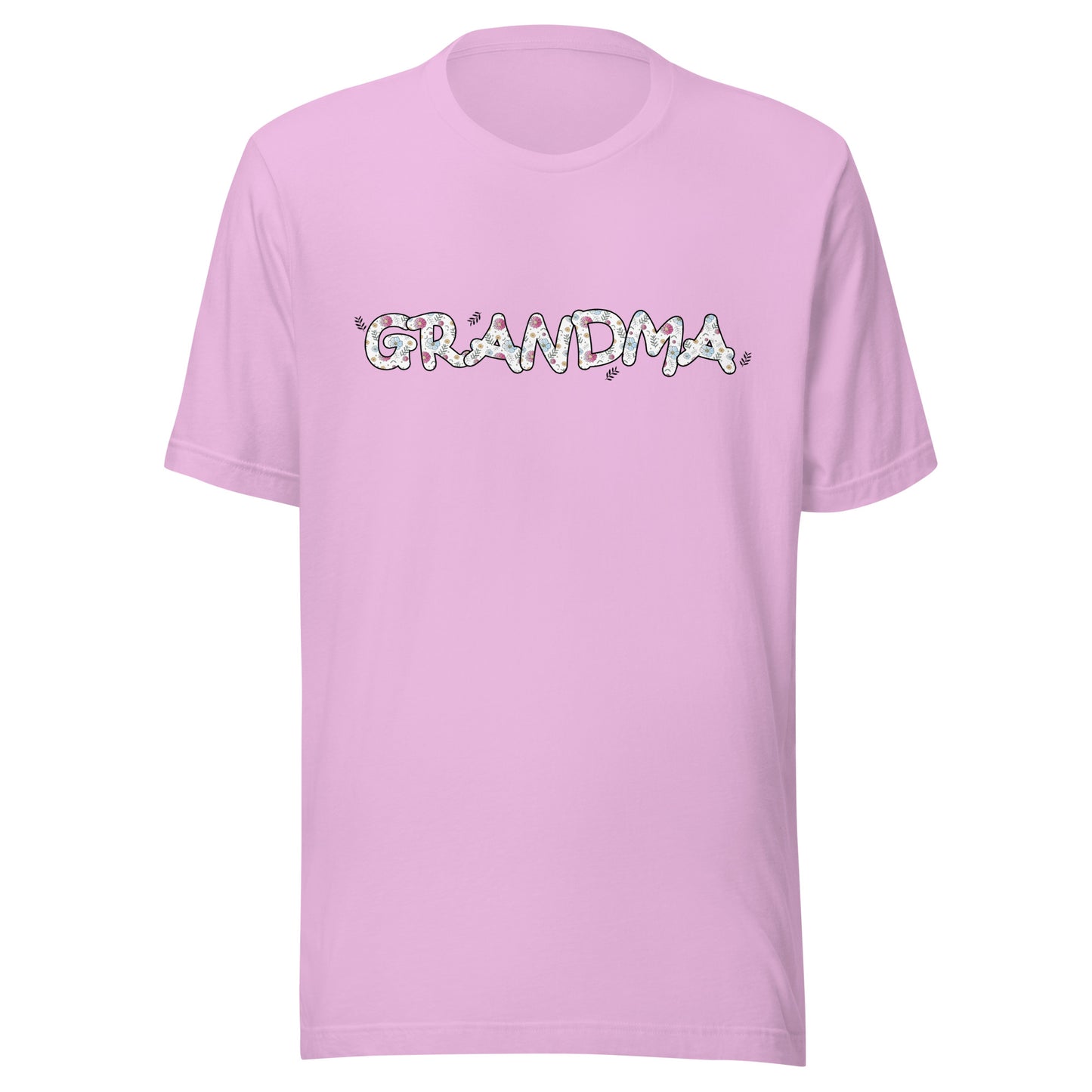 Lilac short sleeve unisex t-shirt that says Grandma on the front written in cute font with flowers inside each letter. 