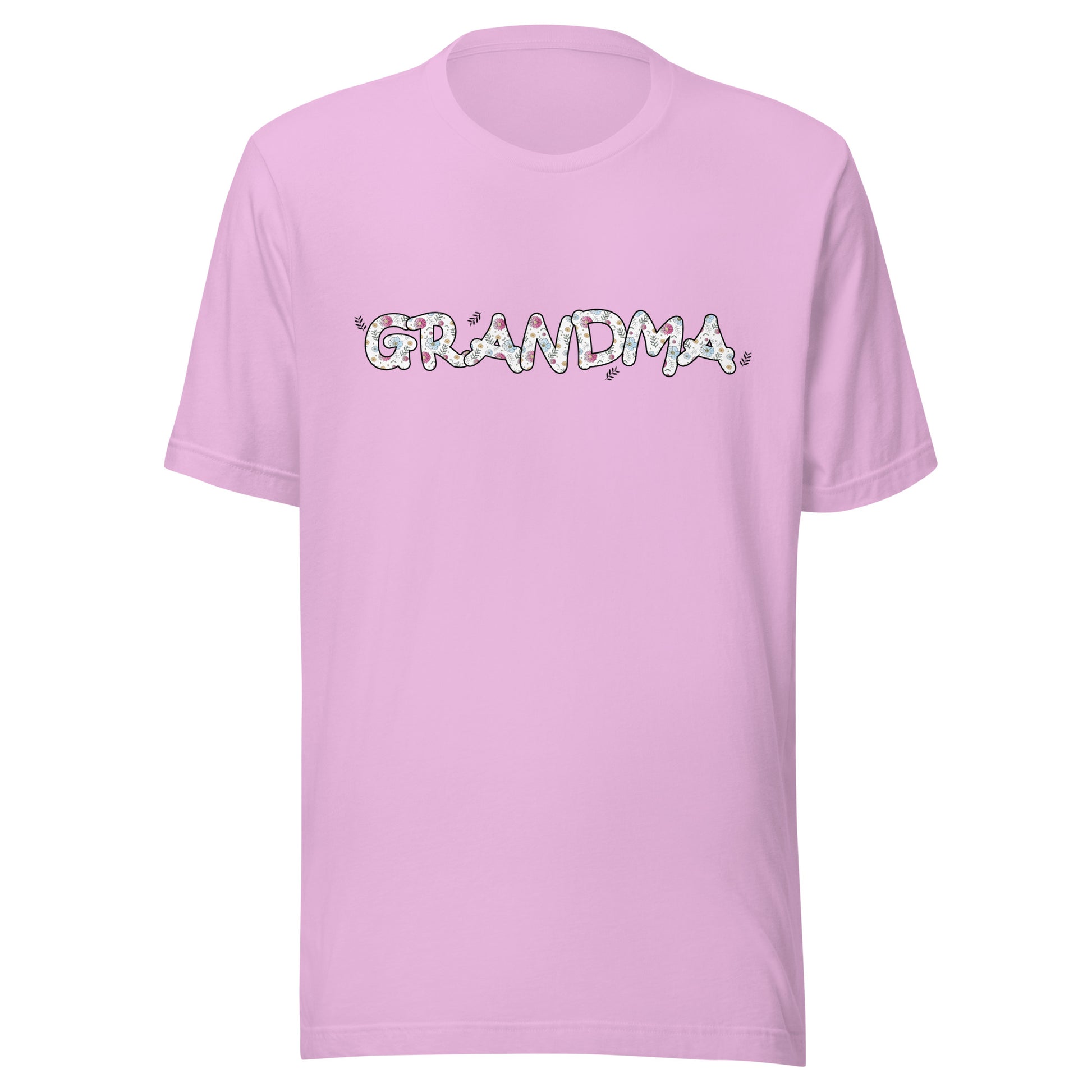 Lilac short sleeve unisex t-shirt that says Grandma on the front written in cute font with flowers inside each letter. 