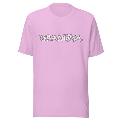 Lilac short sleeve unisex t-shirt that says Grandma on the front written in cute font with flowers inside each letter. 