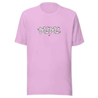 Lilac short sleeve unisex t-shirt that says Mimi on the front written in cute font with flowers inside each letter. 
