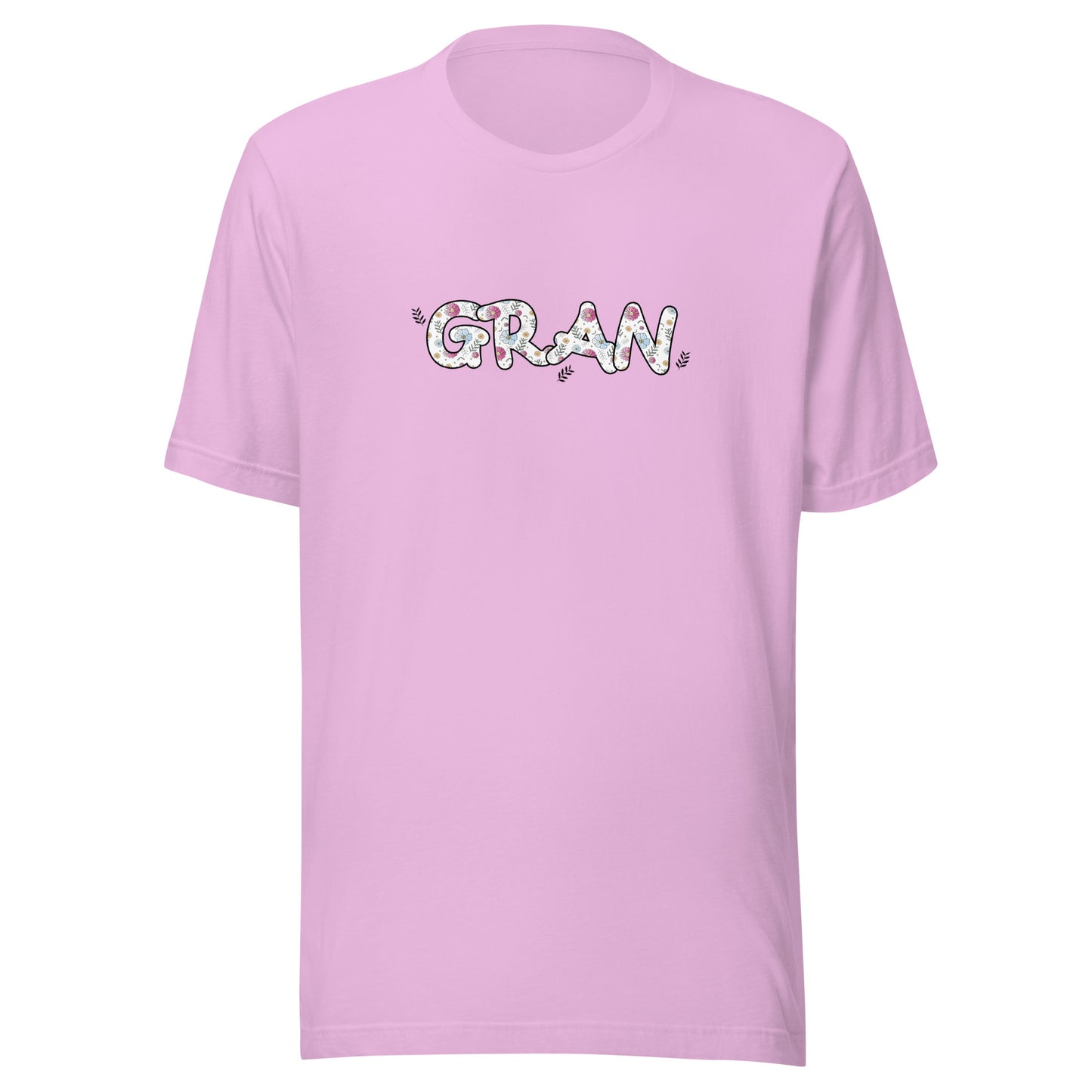 Lilac short sleeve unisex t-shirt that says Gran on the front written in cute font with flowers inside each letter. 