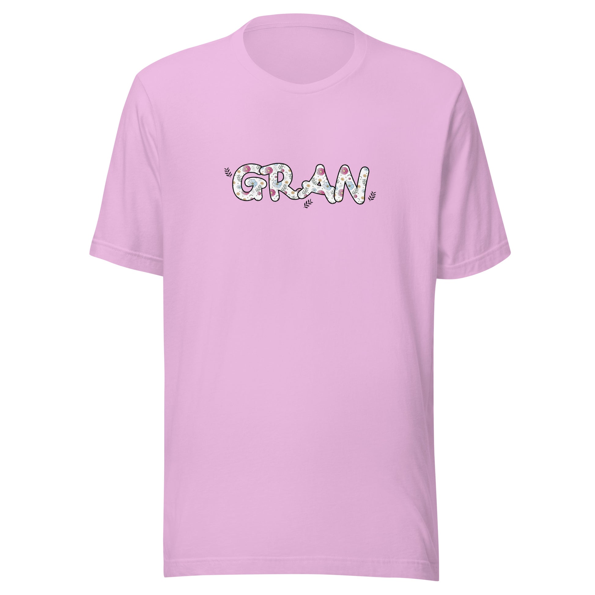 Lilac short sleeve unisex t-shirt that says Gran on the front written in cute font with flowers inside each letter. 