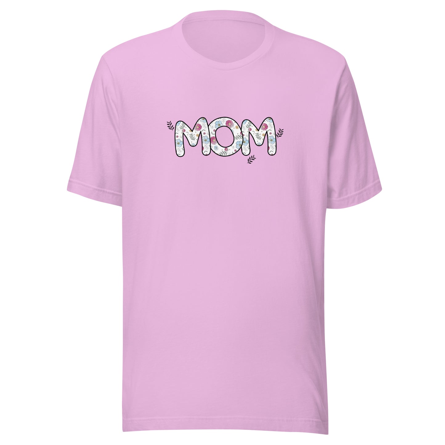 lilac short sleeve unisex t-shirt that says Mom on the front written in cute font with flowers inside each letter. 