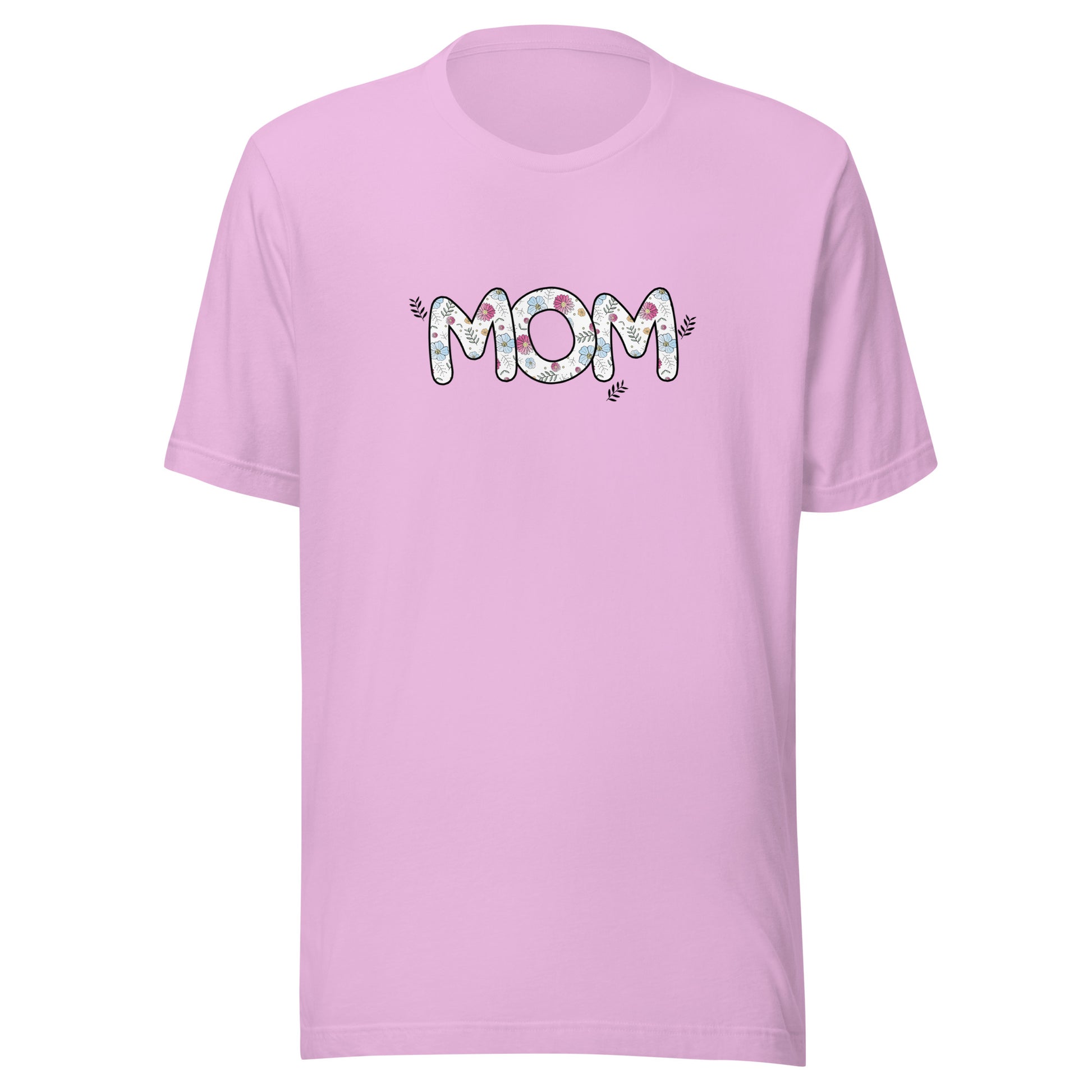 lilac short sleeve unisex t-shirt that says Mom on the front written in cute font with flowers inside each letter. 