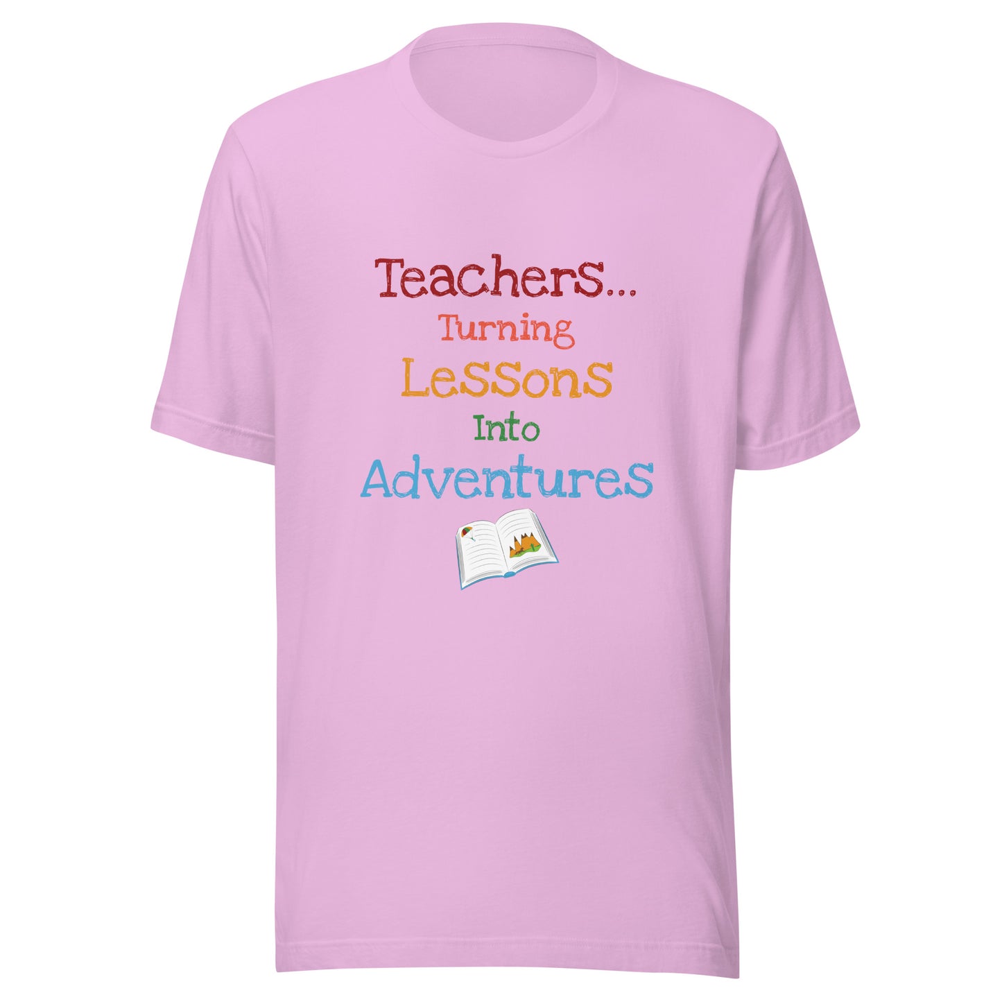 Short sleeve unisex t-shirt that says 'Teachers turning lessons into adventures' with an open book below writing.