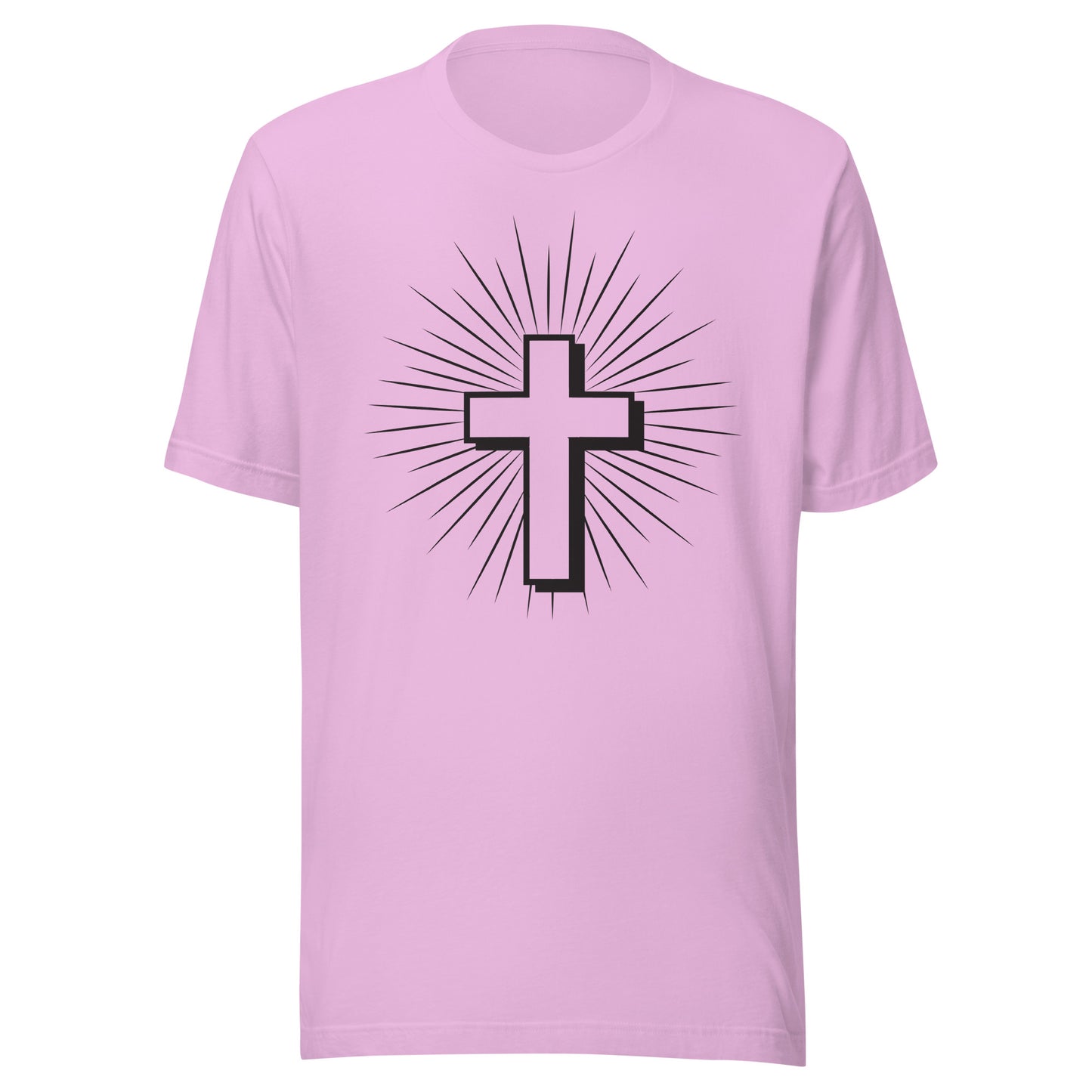 Christian Cross with Sun Rays on a short sleeve lilac Unisex T-Shirt.