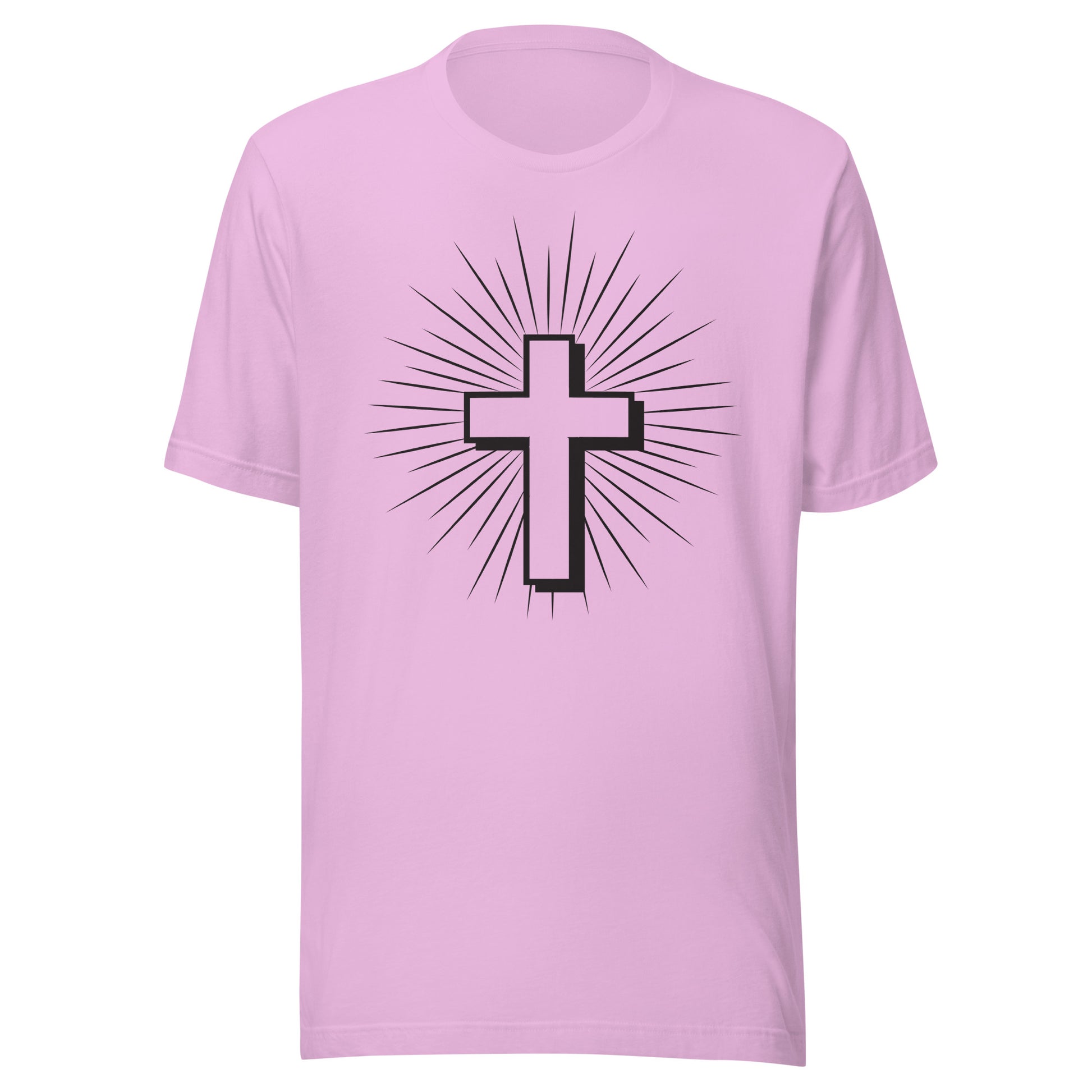 Christian Cross with Sun Rays on a short sleeve lilac Unisex T-Shirt.
