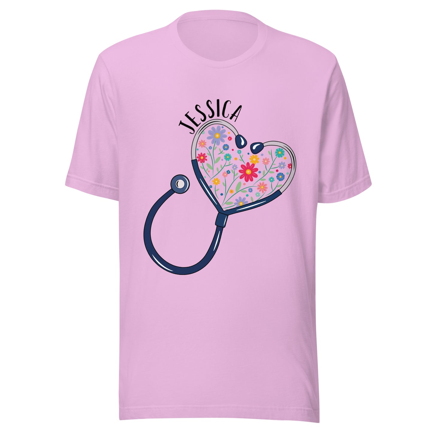 Unisex lilac short sleeve t-shirt with a stethoscope in the shape of a heart with multi-colored flowers inside and personalized with a name hugging the top of the heart shape. 
