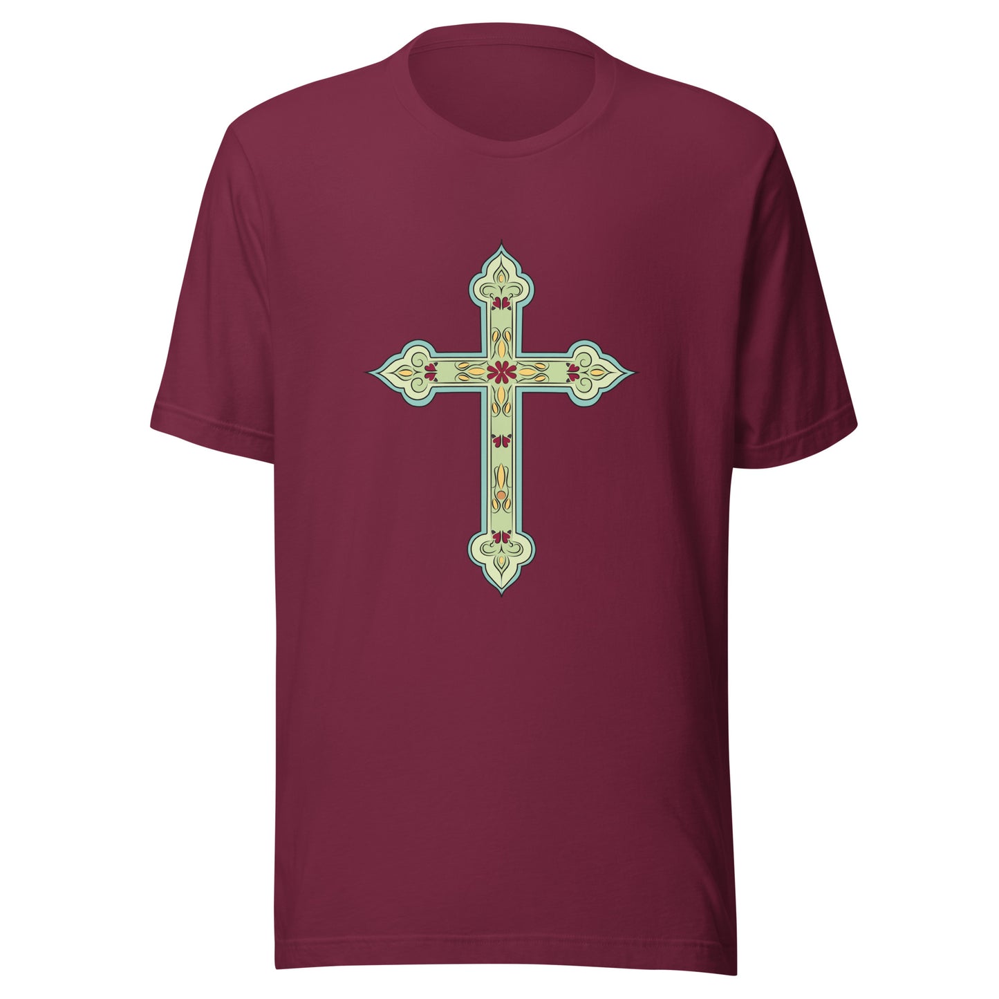Maroon short sleeve unisex tee ornately decorated colored Christian Cross. 
