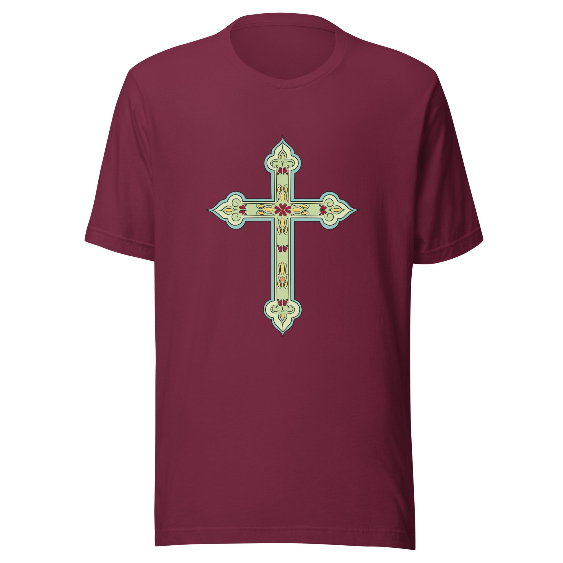 Maroon short sleeve unisex tee ornately decorated colored Christian Cross. 