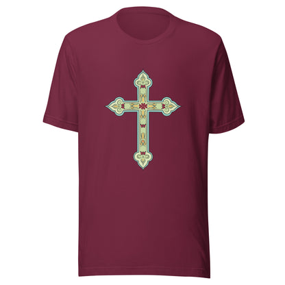 Maroon short sleeve unisex tee ornately decorated colored Christian Cross. 