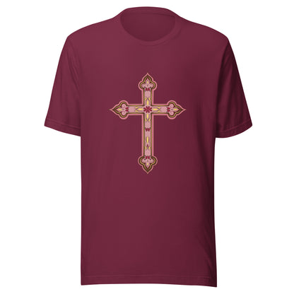 Maroon short sleeve unisex tee ornately decorated colored Christian Cross. 