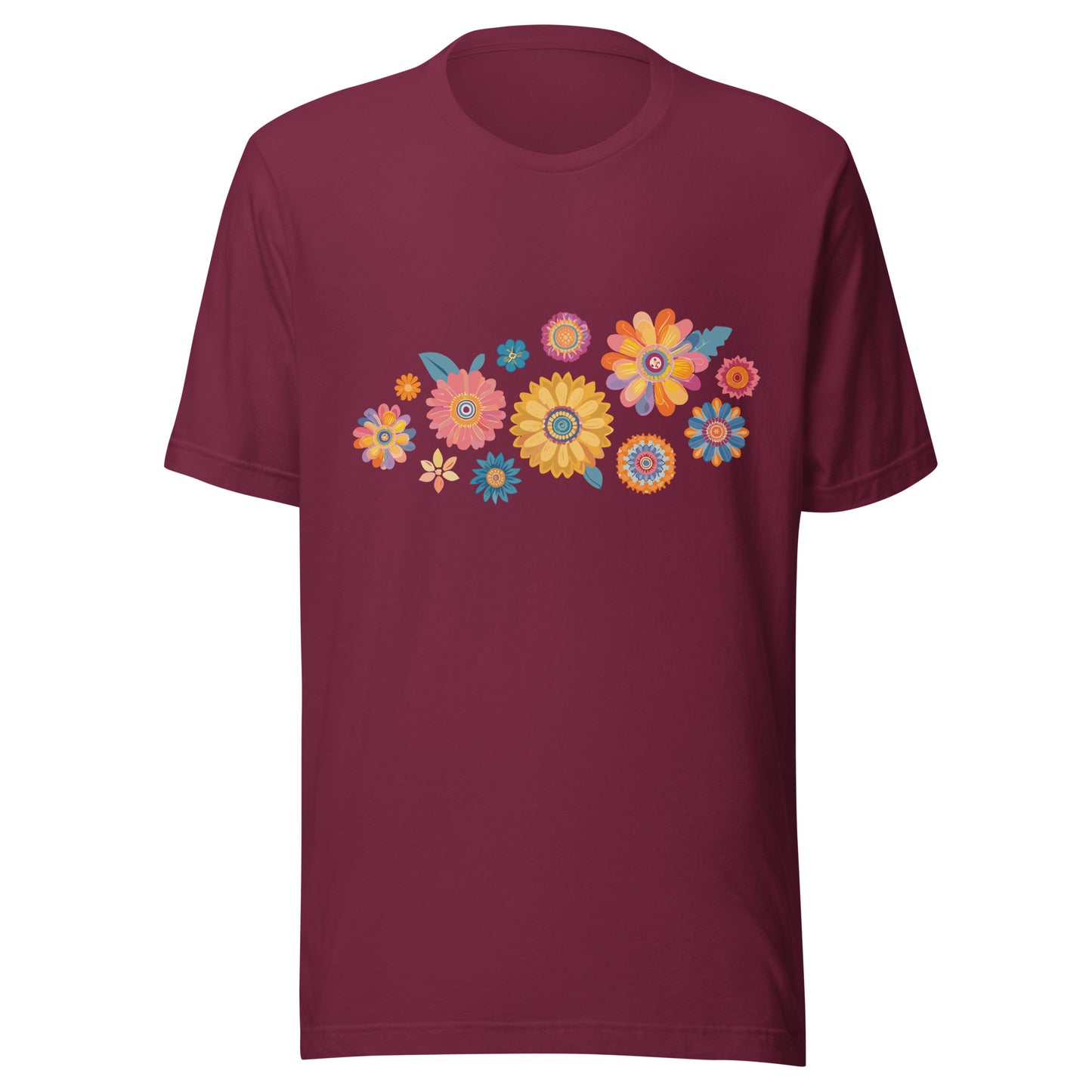 Maroon short sleeve unisex t-shirt with groovy retro flowers tossed on the front. 