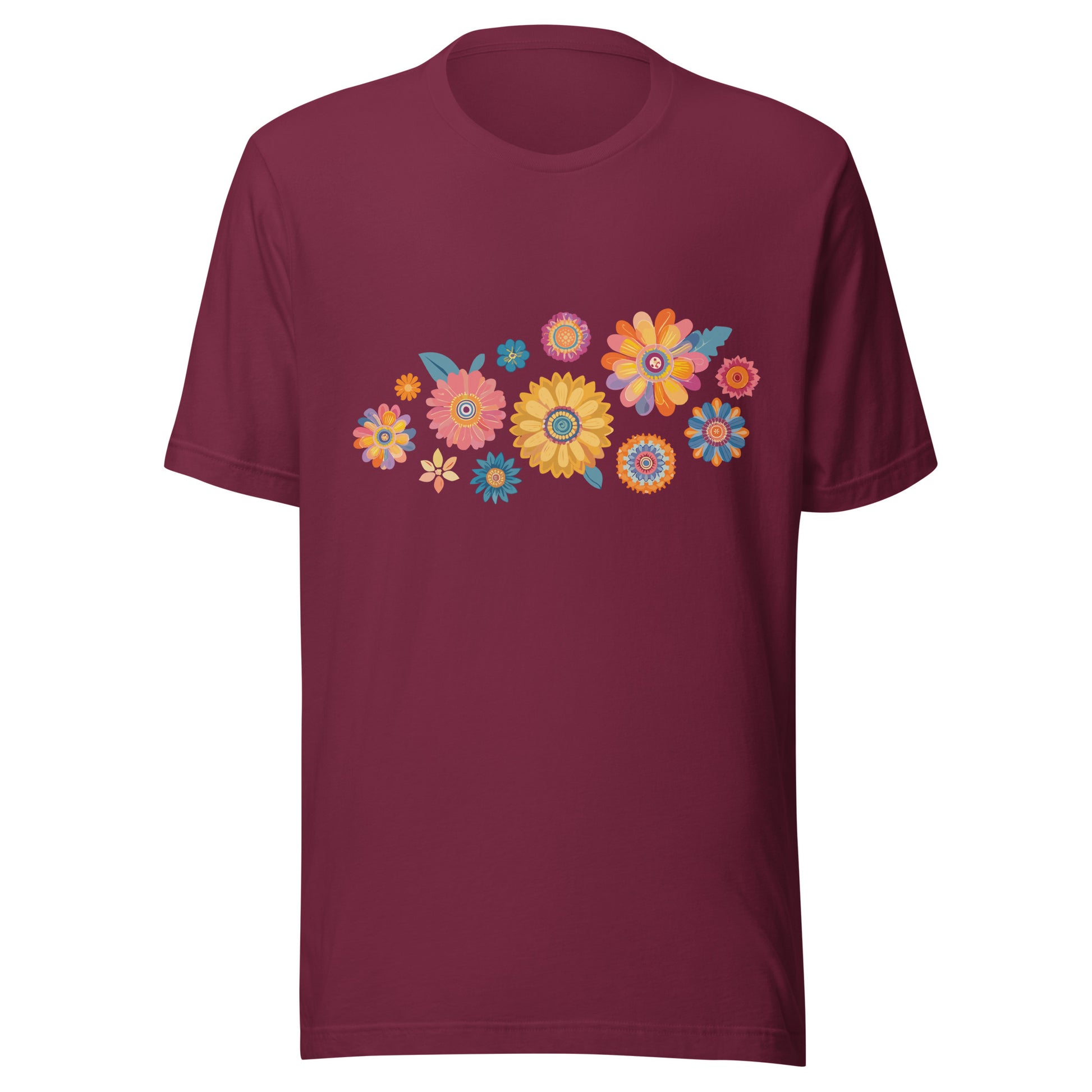 Maroon short sleeve unisex t-shirt with groovy retro flowers tossed on the front. 