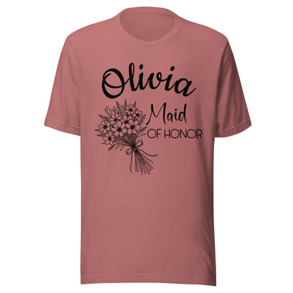 Personalized Maid of Honor t-shirt with name and large bouquet.