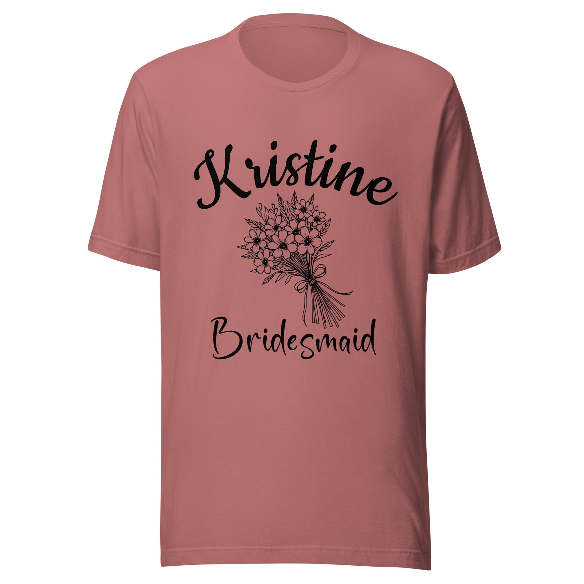 Personalized Bridesmaid t-shirt with name and large bouquet.