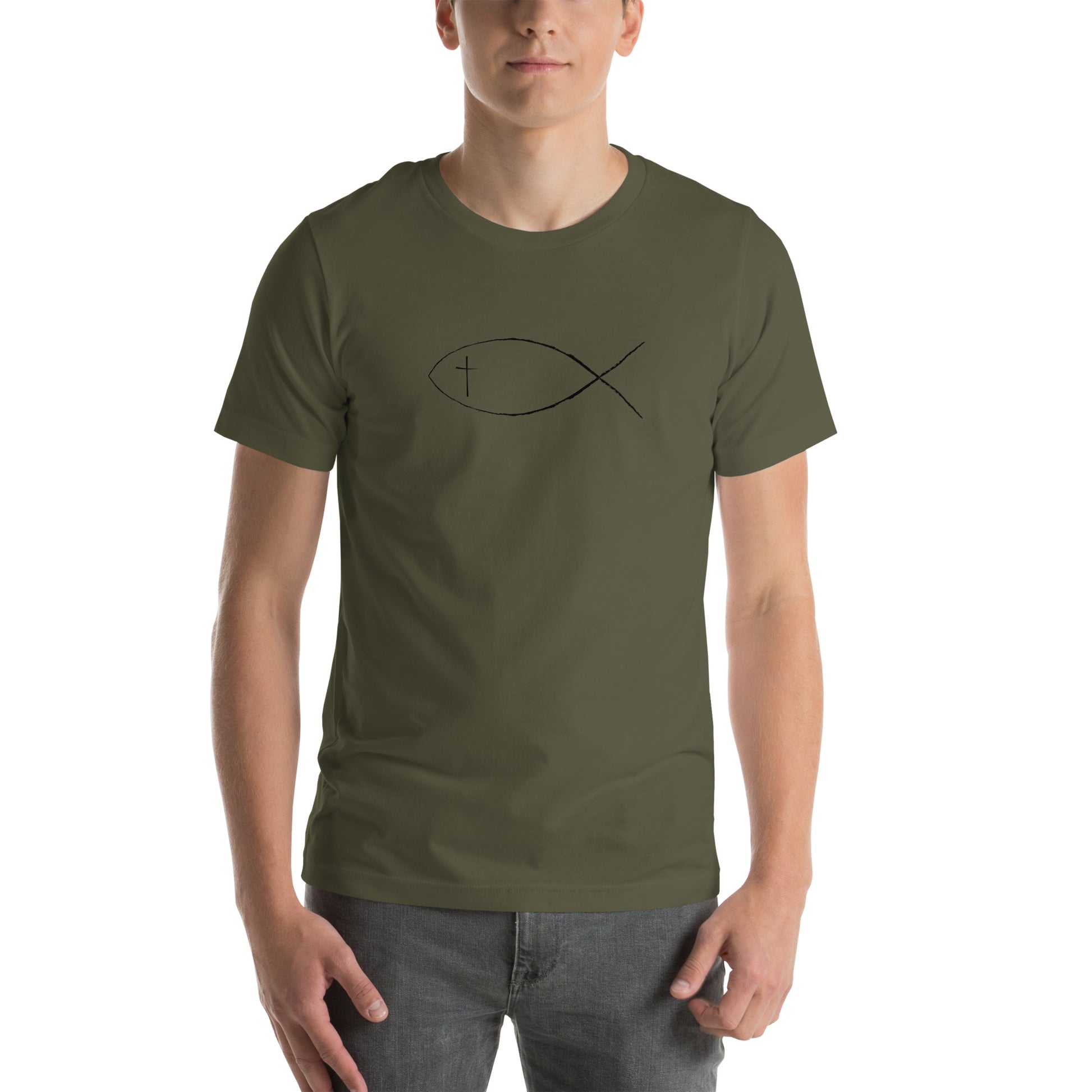Military Green Unisex short sleeve t-shirt with Christan fish and cross. 
