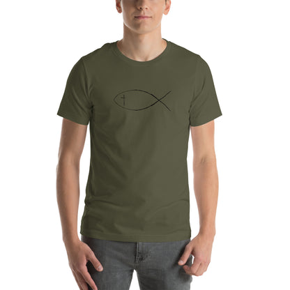 Military Green Unisex short sleeve t-shirt with Christan fish and cross. 