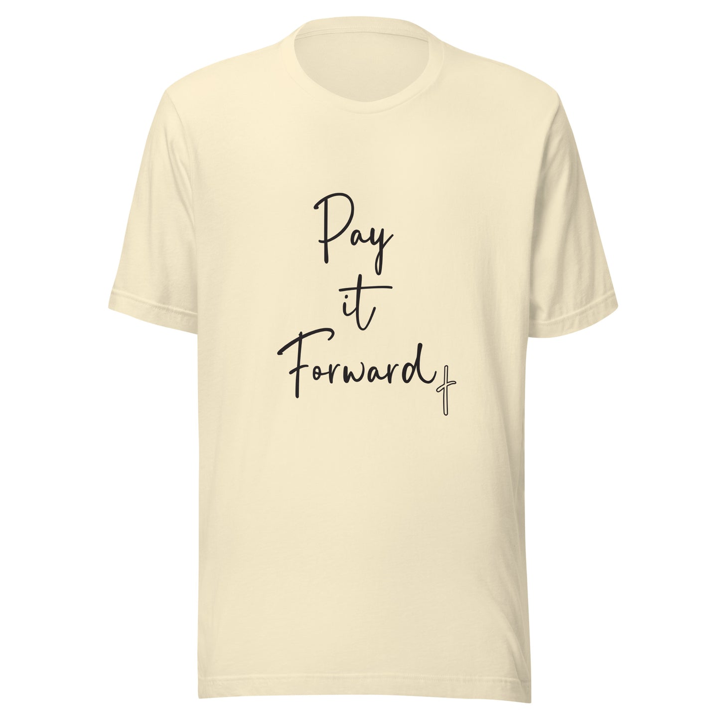 Natural unisex short sleeve t-shirt that says Pay if Forward with a small cross.