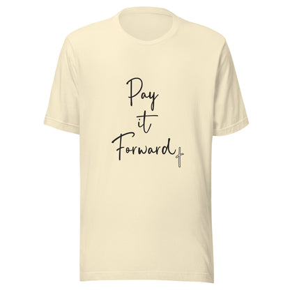 Natural unisex short sleeve t-shirt that says Pay if Forward with a small cross.