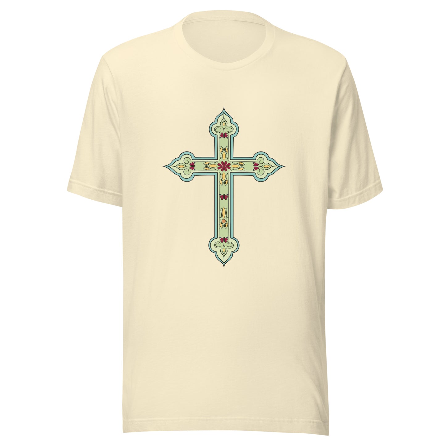 Cream short sleeve unisex tee ornately decorated colored Christian Cross. 