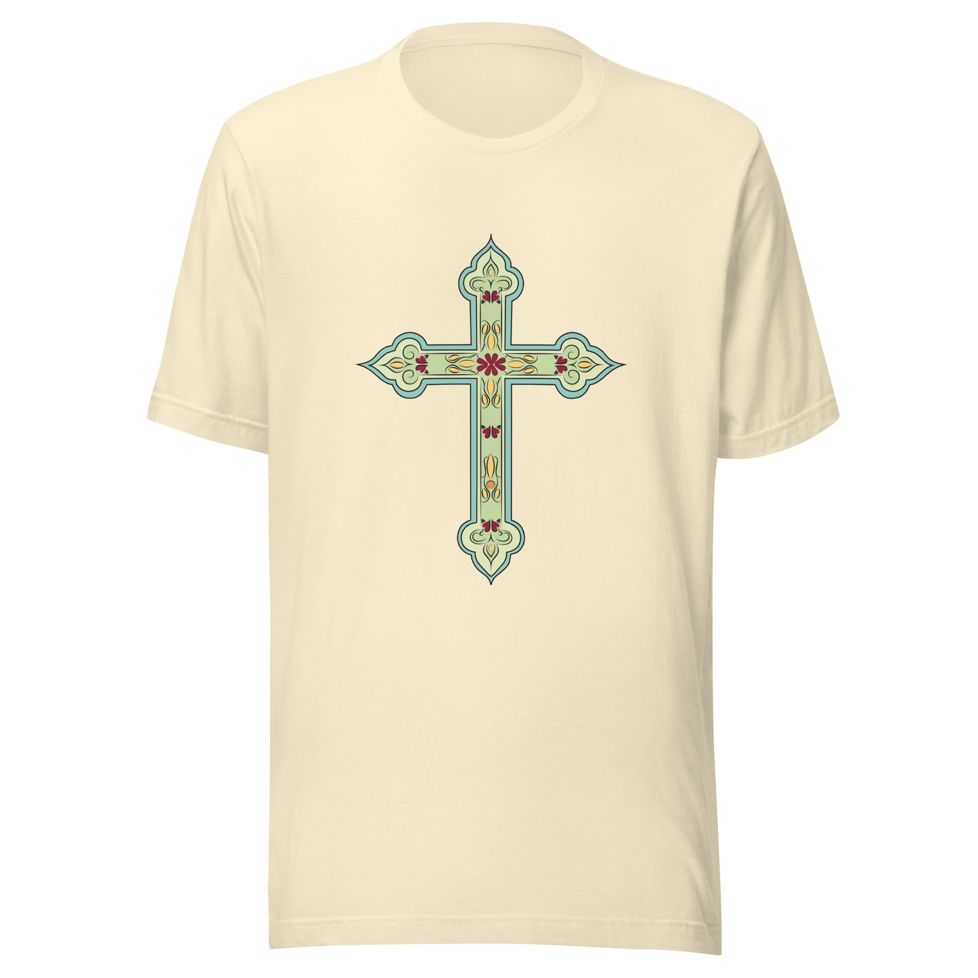 Cream short sleeve unisex tee ornately decorated colored Christian Cross. 