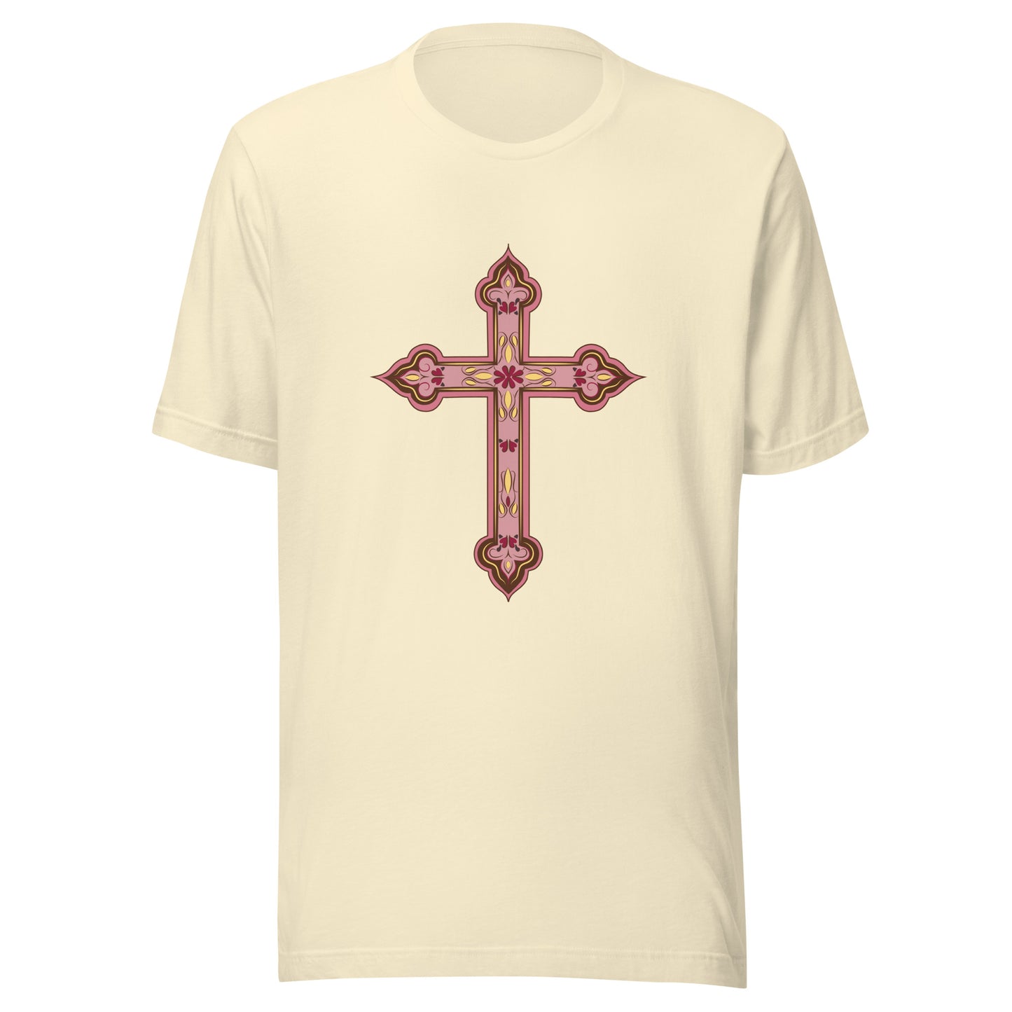 Natural short sleeve unisex tee ornately decorated colored Christian Cross. 
