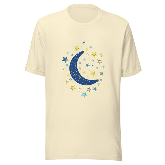 Cream unisex short sleeve t-shirt with a large blue moon with stars surrounding it. 