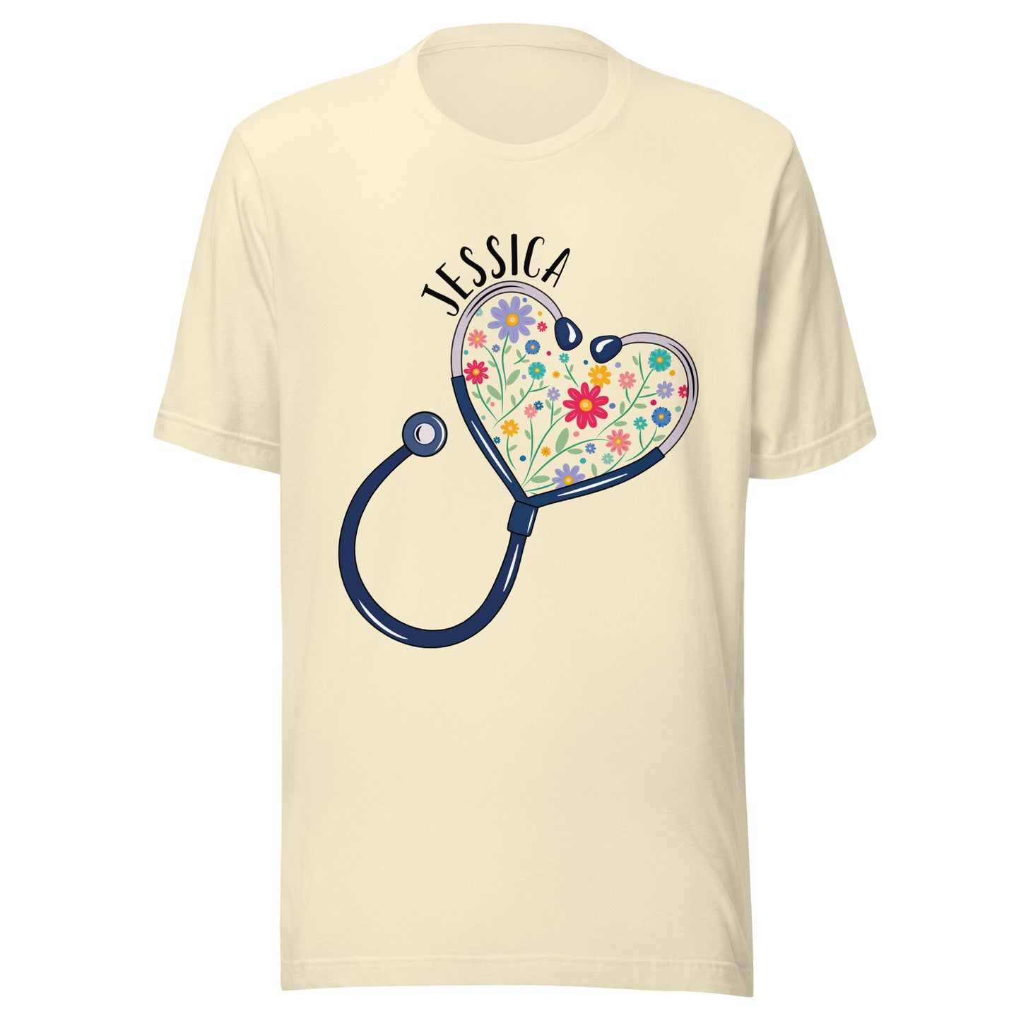 Unisex cream short sleeve t-shirt with a stethoscope in the shape of a heart with multi-colored flowers inside and personalized with a name hugging the top of the heart shape. 