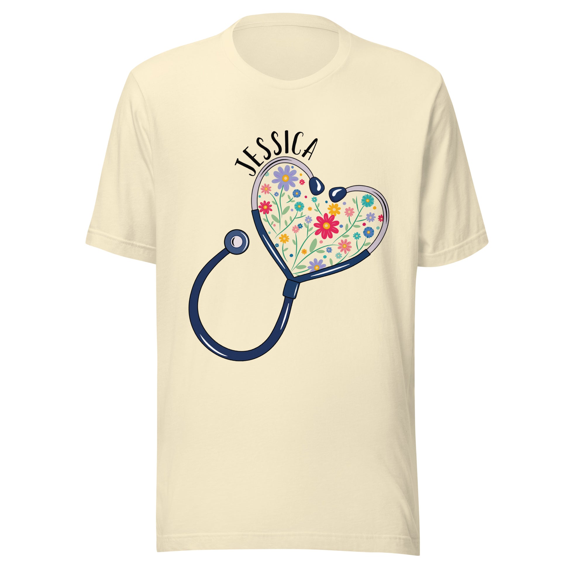 Unisex cream short sleeve t-shirt with a stethoscope in the shape of a heart with multi-colored flowers inside and personalized with a name hugging the top of the heart shape. 