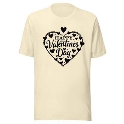 short sleeve t-shirt that says Happy Valentine's Day inside a heart. 