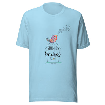 Ocean blue short sleeve unisex tee with a multi-colored bird with musical notes on a black inked birdhouse that says Sing His Praises.