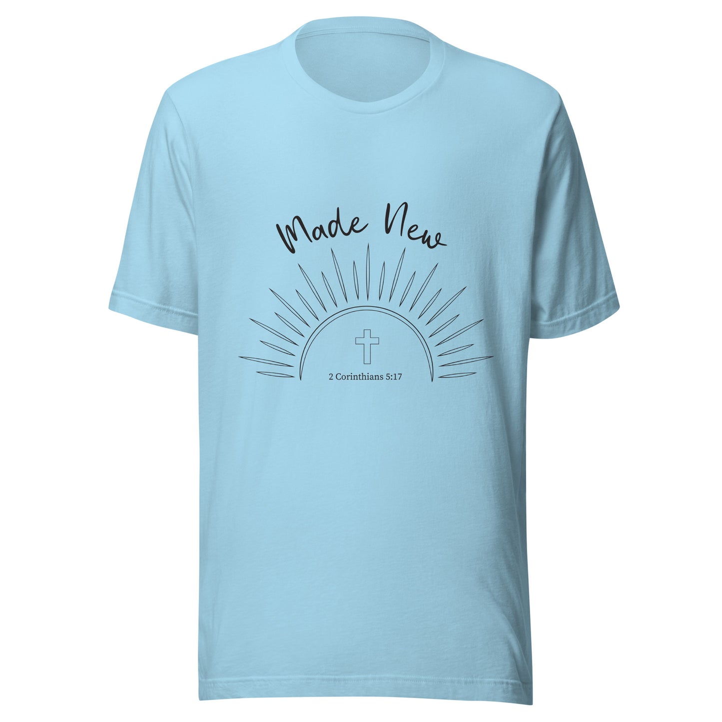 Ocean blue short sleeve unisex t-shirt with a Sun and rays below the words 'Made New' and inside the sun is a cross and 2 Corinthians 5:17.