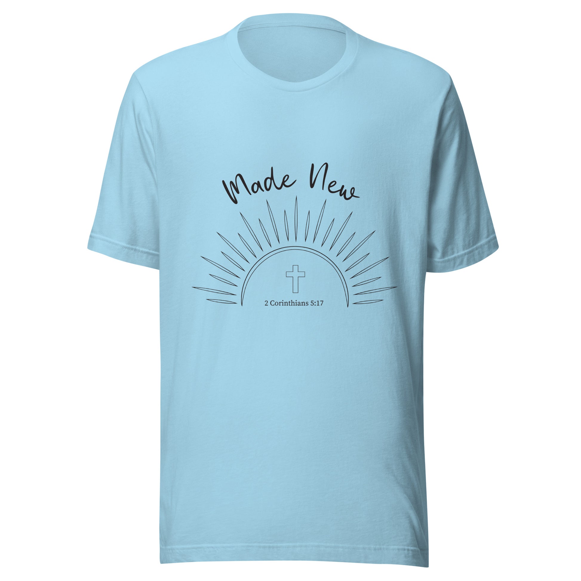 Ocean blue short sleeve unisex t-shirt with a Sun and rays below the words 'Made New' and inside the sun is a cross and 2 Corinthians 5:17.