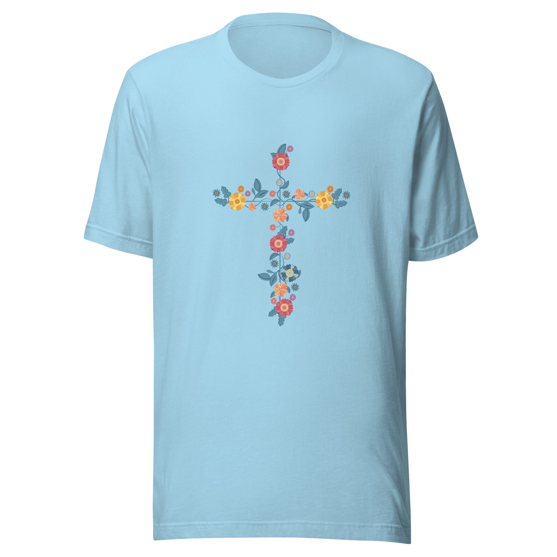 Ocean blue unisex short sleeve t-shirt that has a multi-colored delicate floral cross.