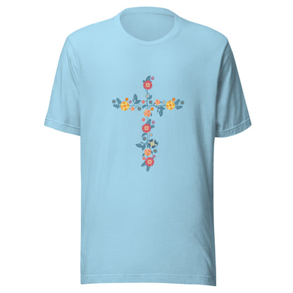 Ocean blue unisex short sleeve t-shirt that has a multi-colored delicate floral cross.