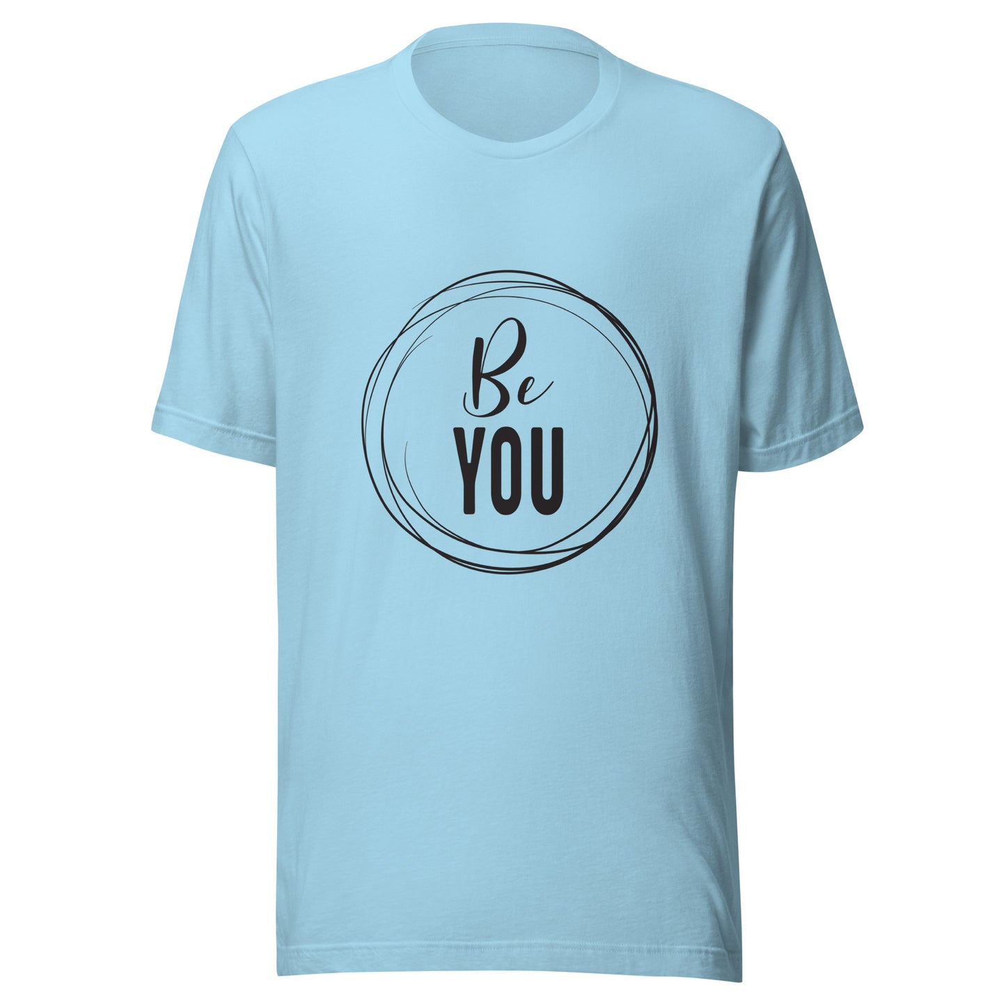 Ocean blue unisex short sleeve t-shirt that says 'Be you' inside of a circle.