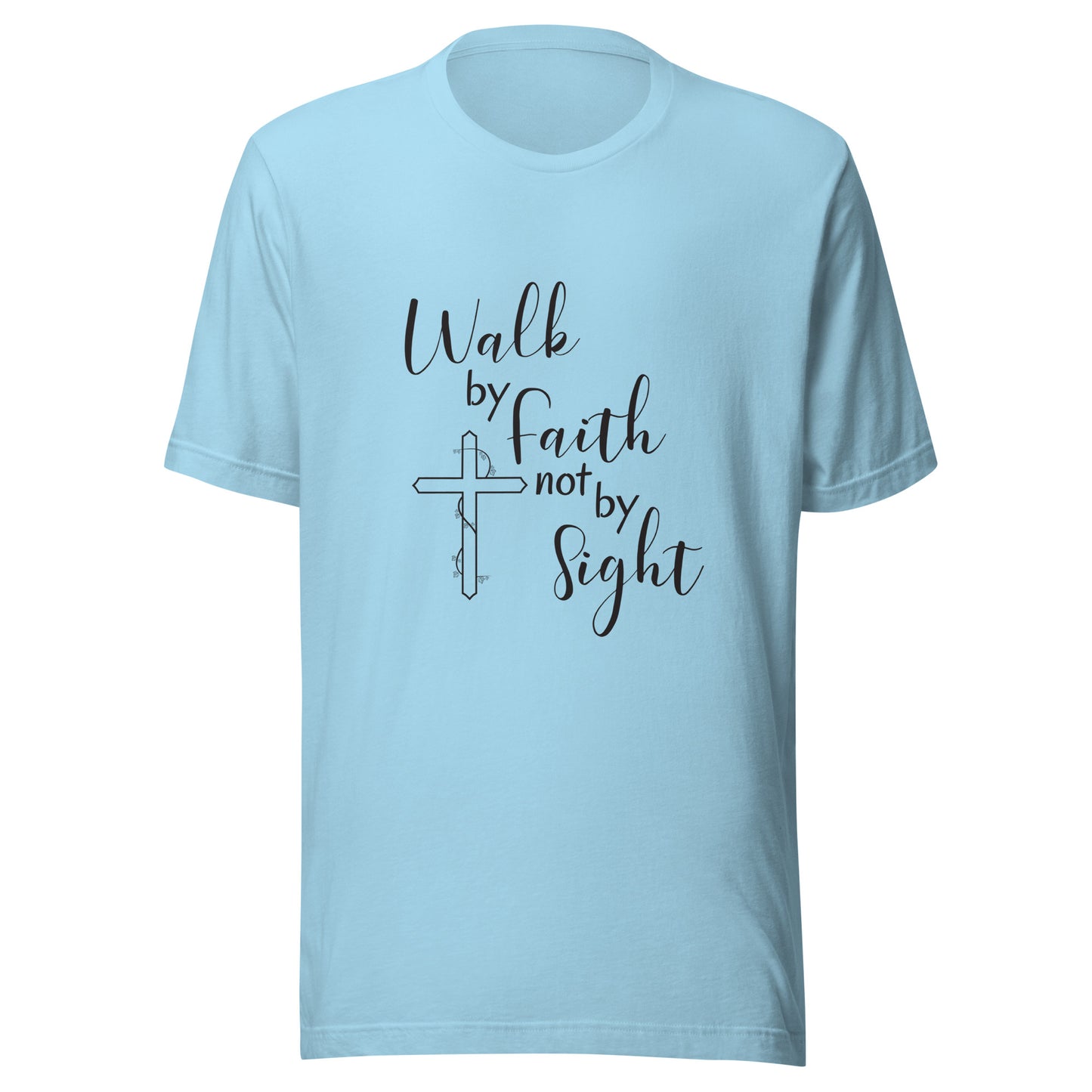 Ocean blue unisex short sleeve t-shirt that says Walk by faith not by sight and has a cross with ivy. 
