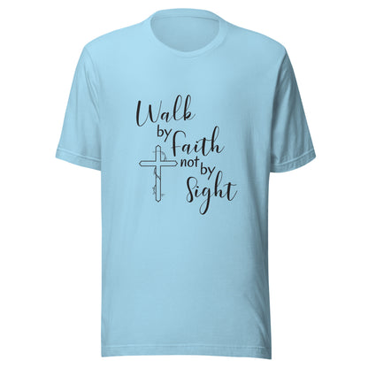 Ocean blue unisex short sleeve t-shirt that says Walk by faith not by sight and has a cross with ivy. 