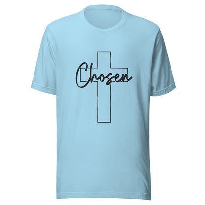 Ocean blue unisex short sleeve t-shirt that has a Christian cross and has the word chosen acrossed it. 