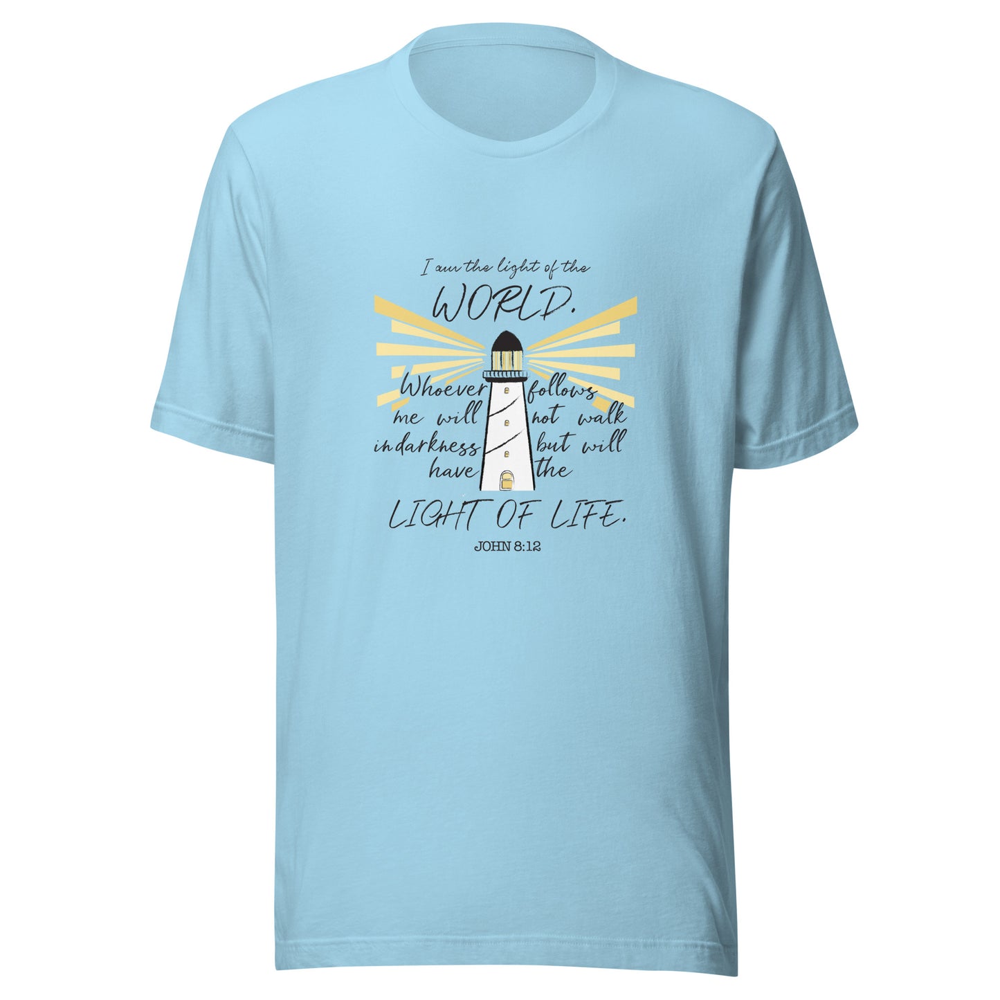 Ocean blue unisex short sleeve t-shirt that has John 8:12 scripture featuring a light house with light rays coming from it. 