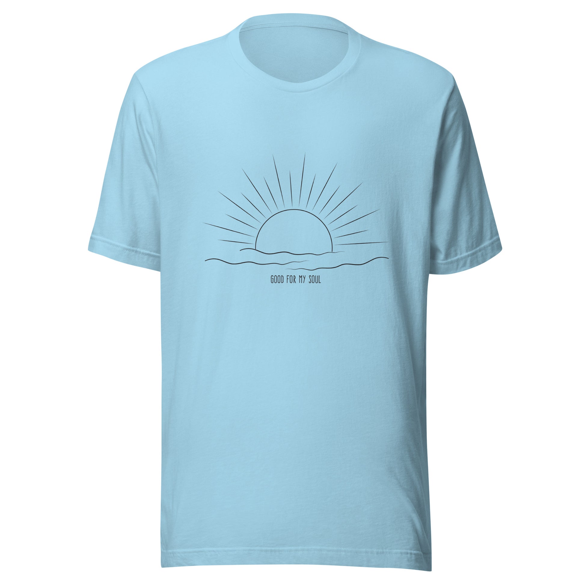 Ocean blue unisex short sleeve t-shirt that states 'Good for my soul' with a sunsetting above the words all in black color.