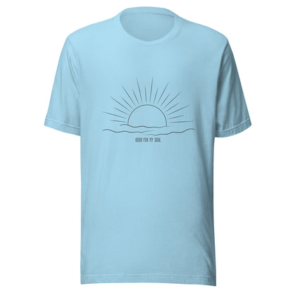 Ocean blue unisex short sleeve t-shirt that states 'Good for my soul' with a sunsetting above the words all in black color.