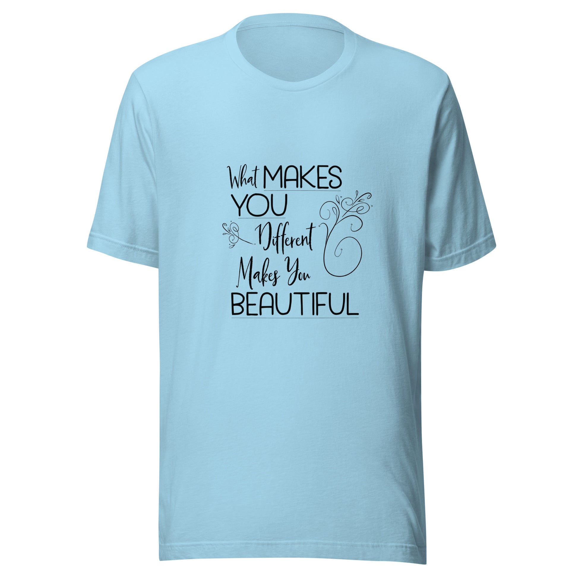 Ocean blue  unisex short sleeve t-shirt that states 'What makes you different makes you beautiful'.