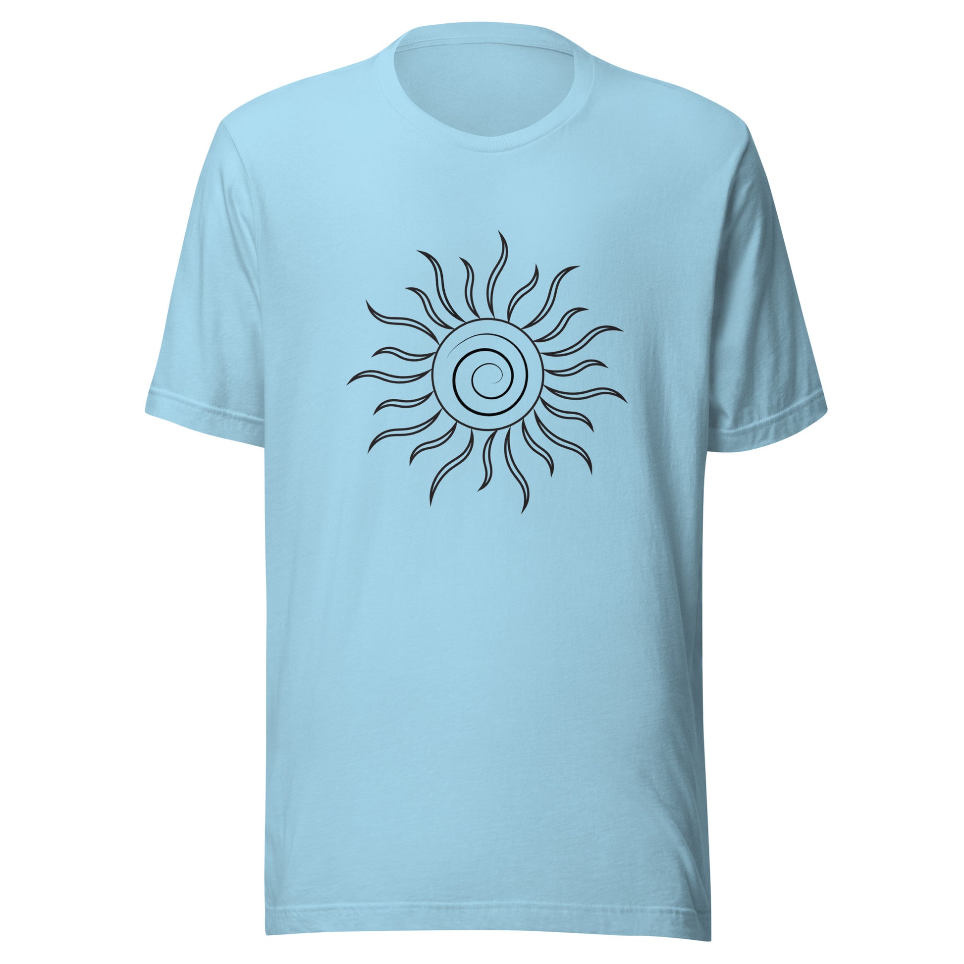 Ocean blue unisex short sleeve t-shirt with spiral sun and black fiery looking rays all black ink.