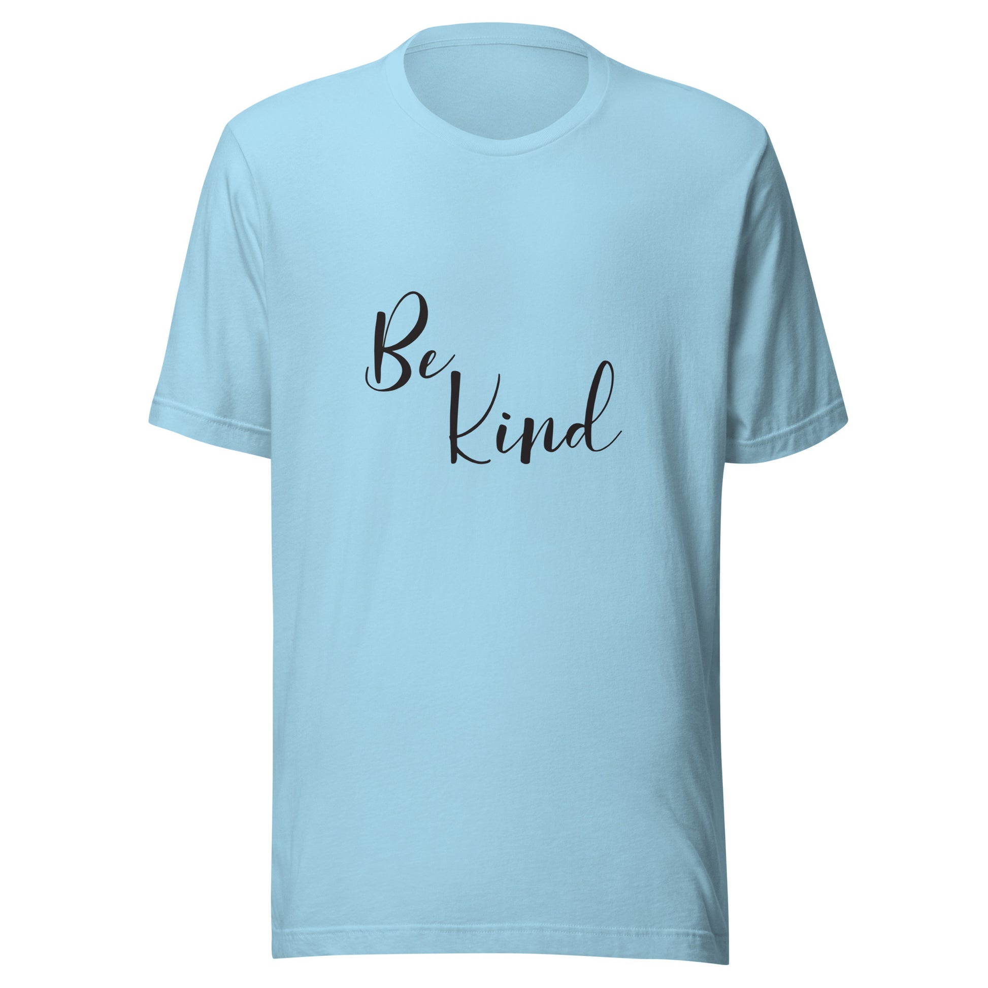 Ocean blue unisex short sleeve t-shirt that says 'Be Kind'.