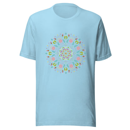 Ocean blue unisex short sleeve  t-shirt with a Scandanavian style mandala multi-colored.