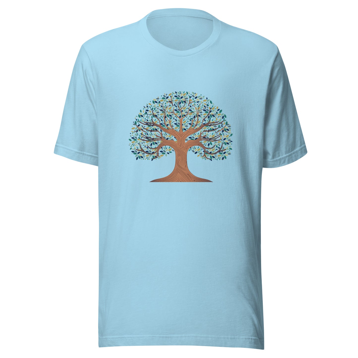 Ocean blue unisex t-shirt with a tree of life with colorful leaves. 