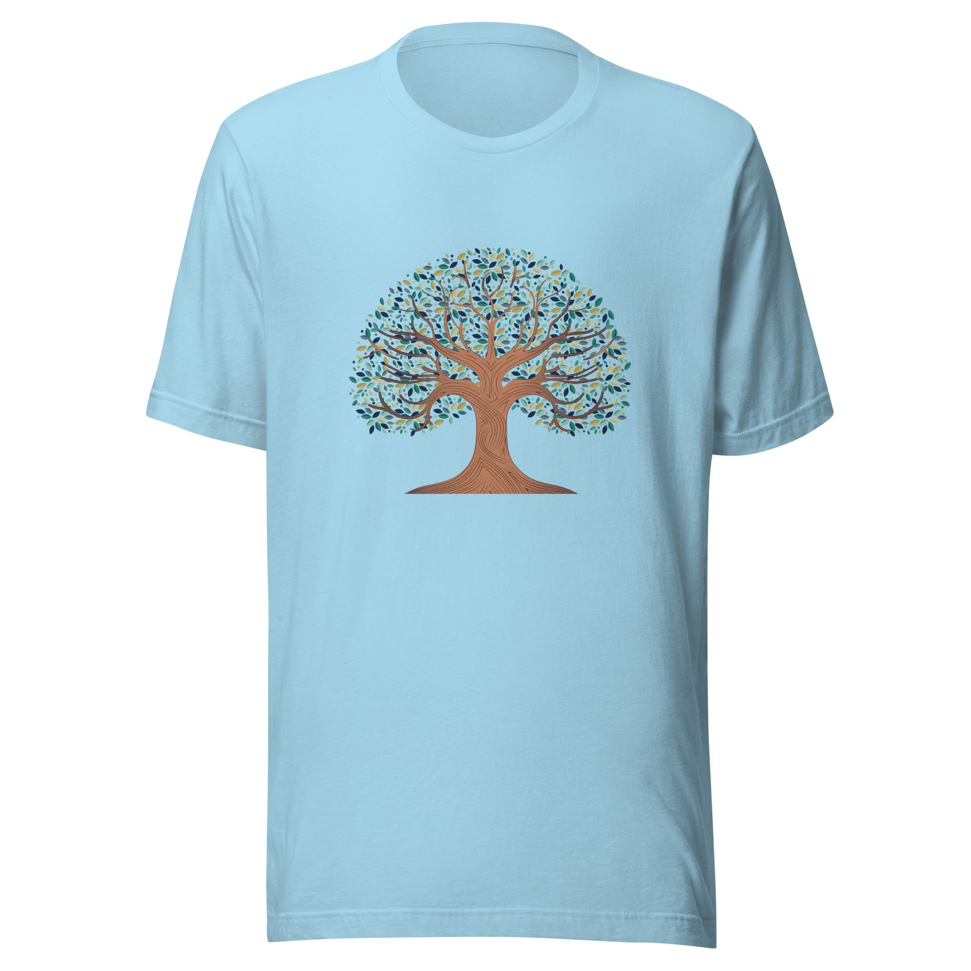 Ocean blue unisex t-shirt with a tree of life with colorful leaves. 