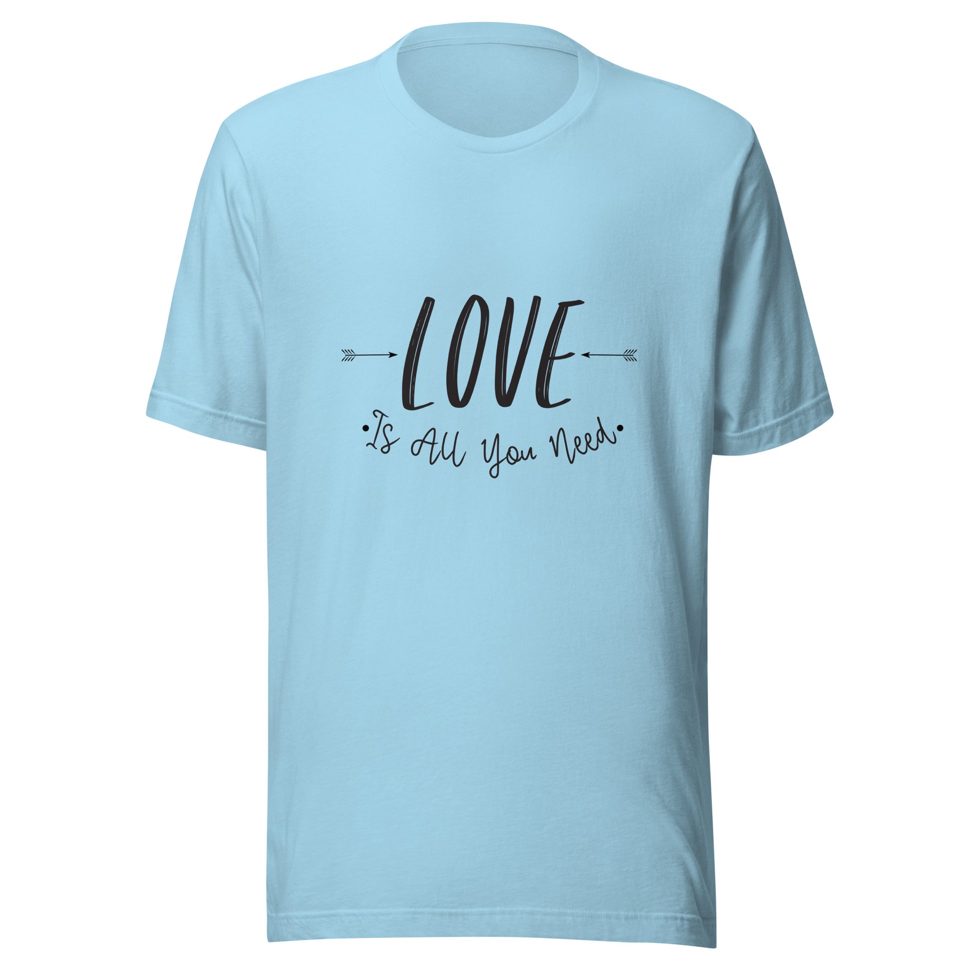 Ocean blue unisex t-shirt that says 'Love is all you need' with two arrows pointing at the word love. 